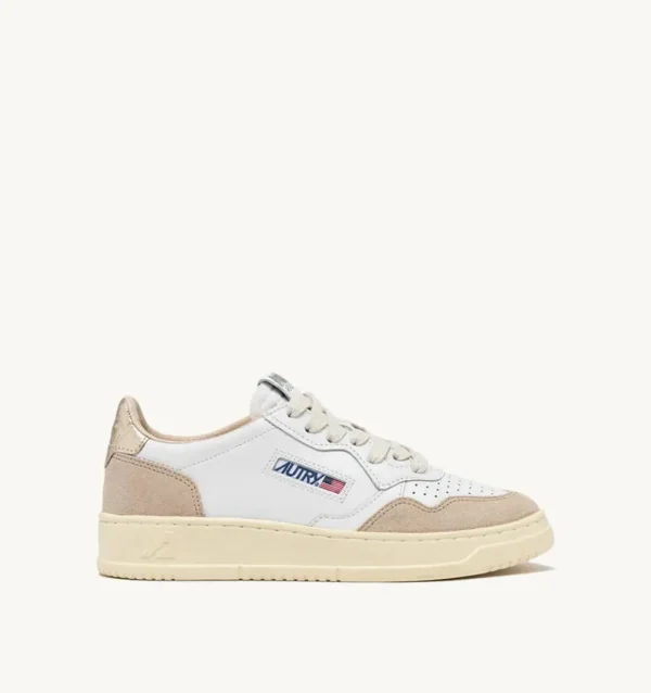 BASKET MEDALIST BAS EN CUIR ET DAIM BLANC ET OR